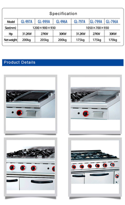 Power Gas Range GH-999A 27Kw Équipement de cuisson commercial avec grill et four à roche Poids 205kg