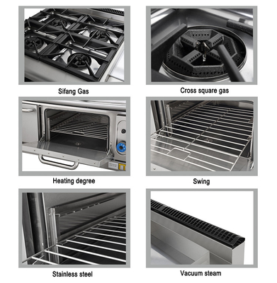 Hôtel à gaz 4 rangée Cuisinière avec four SS304 GPL / gaz naturel Type pour un usage commercial