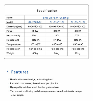 Système de refroidissement du bar de l'hôtel Ventilateur de refroidissement 130 kg N.W 180L Capacité 340W Puissance 4-8.C Température