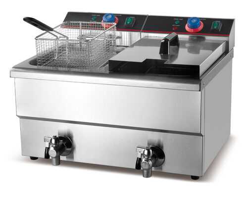 Machine à frites industrielle de restaurant en promotion, modèle de table, 2 cuves, 2 paniers, friteuse à pommes de terre, friteuse à gaz