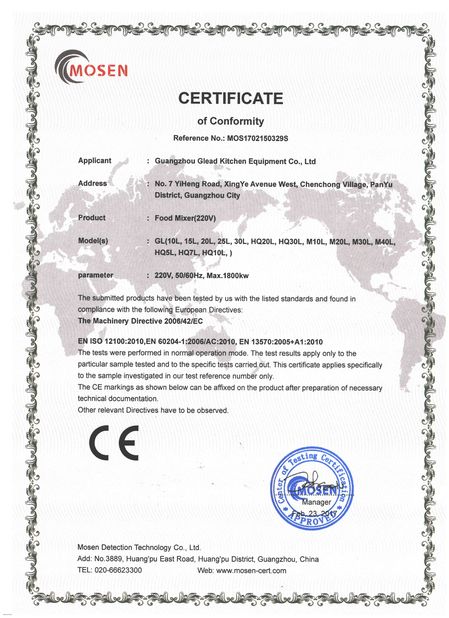 Chine Guangzhou Glead Kitchen Equipment Co., Ltd. Certifications